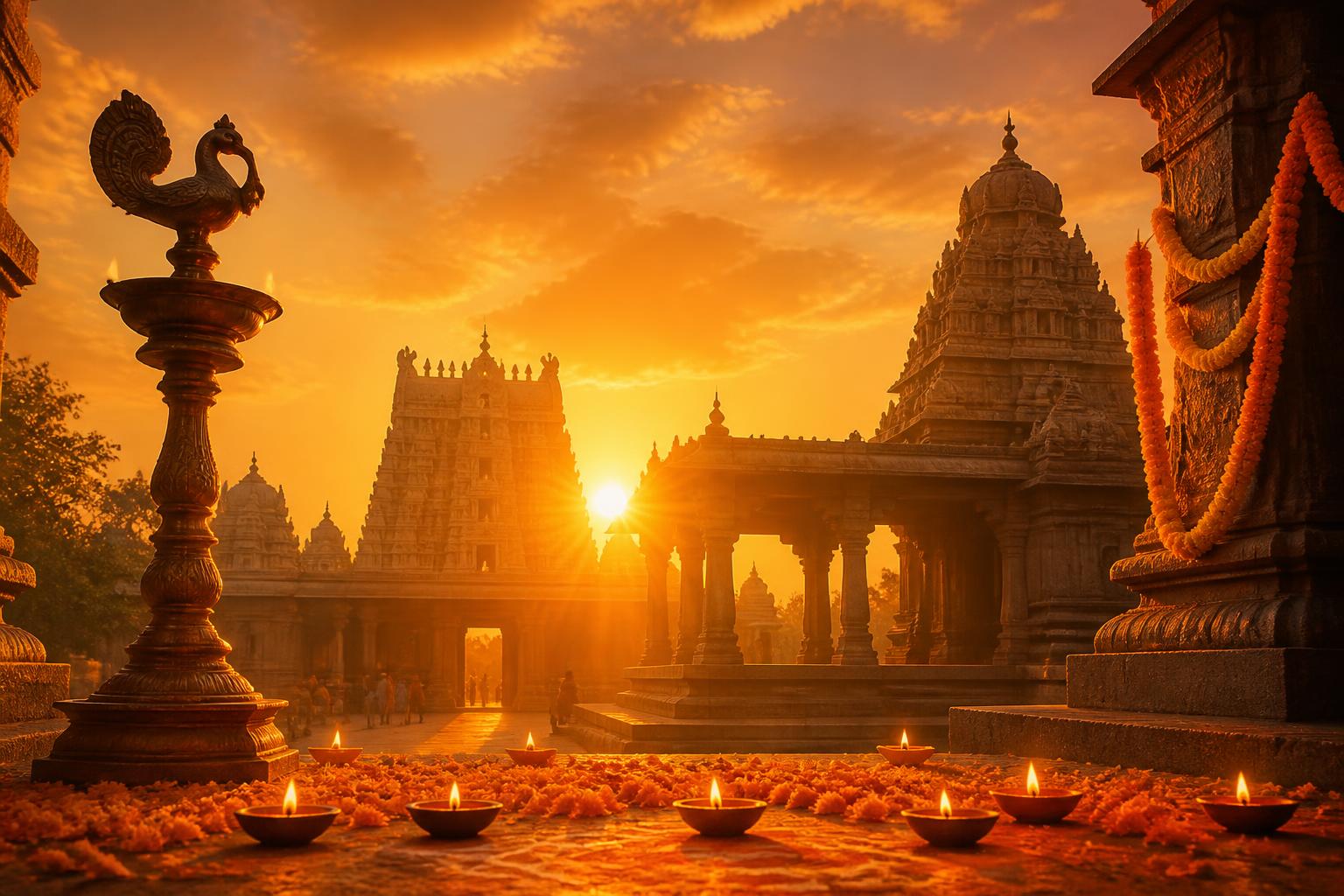 Sacred Hindu temple at golden sunrise with brass lamps and marigold garlands